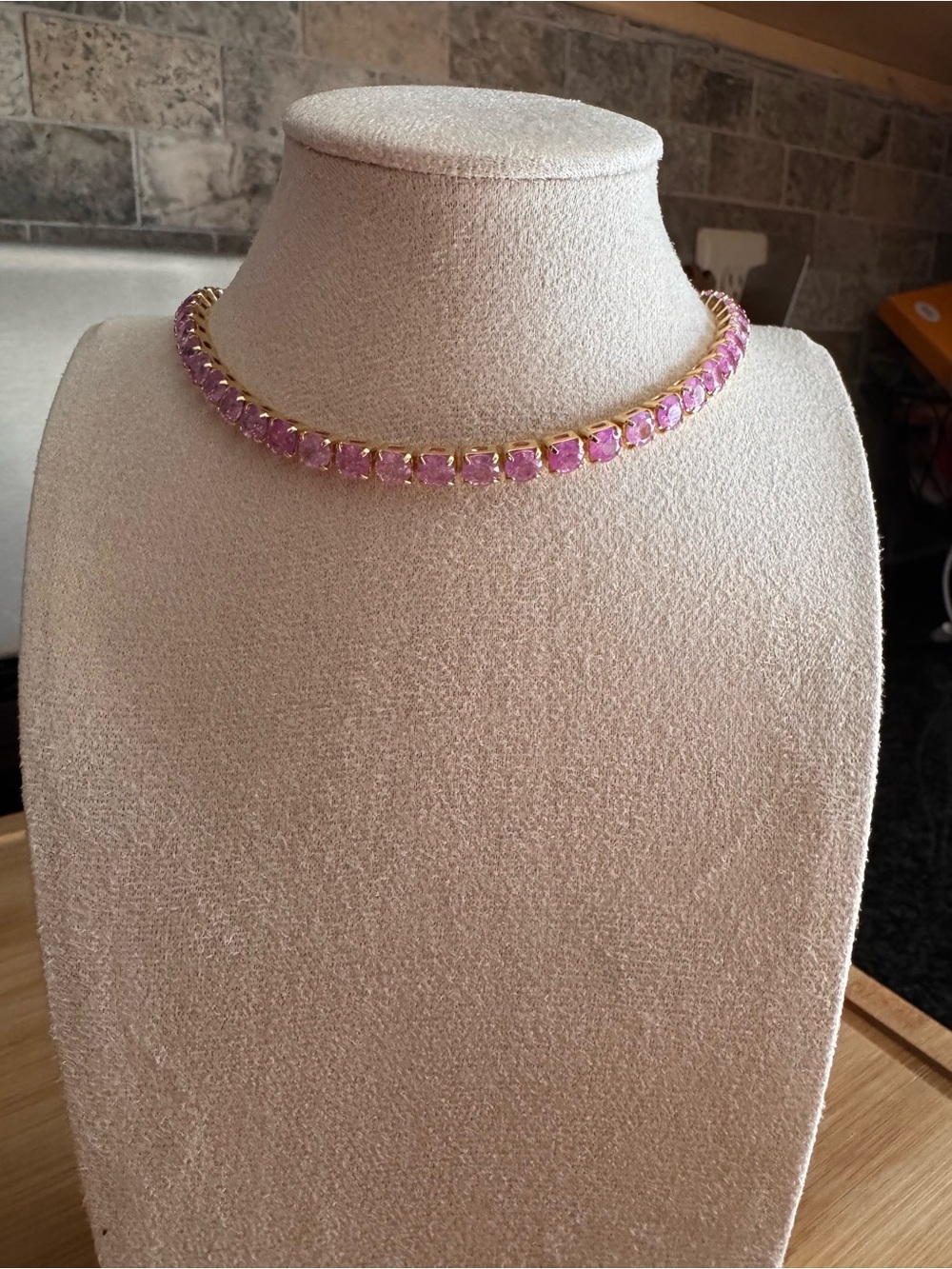 Gold-Setting Pink Crystal Tennis Necklace - Women Jewelry